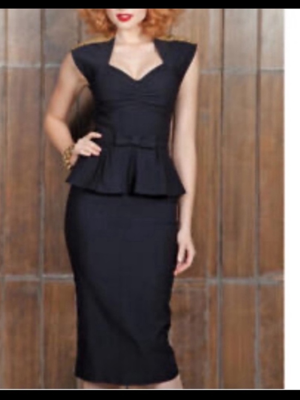 Stop Staring vintage retro pinup Black Peplum Stretch Midi Dress